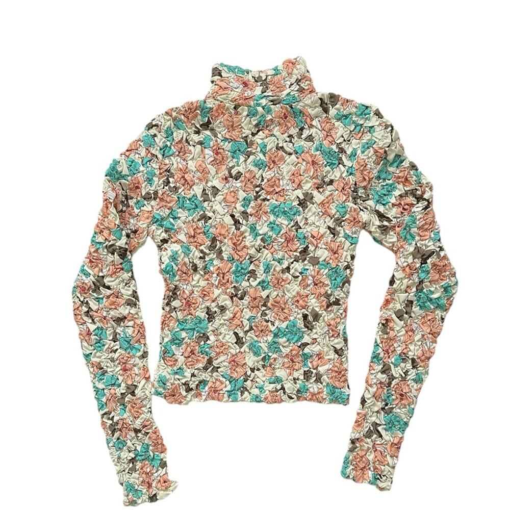 NWT Anthropologie DOLAN Turtleneck Top XS Printed Pebble Smocked - Picture 5 of 7